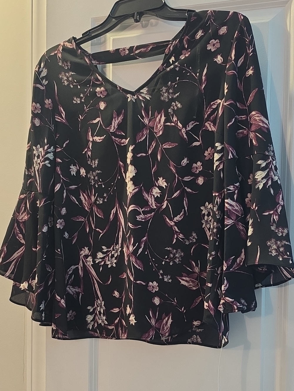 Counterparts Black Floral V-Neck Bell Sleeve Blouse with PURPLE Accents